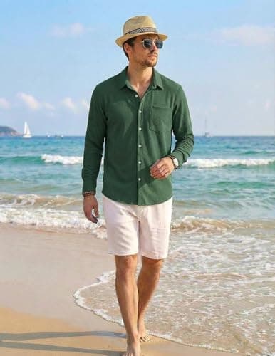 ZAFUL Vacation Men Shirt Mens Business Casual Shirts Slim Fit Business Casual Outfits Dark Green S - Thumbnail 6