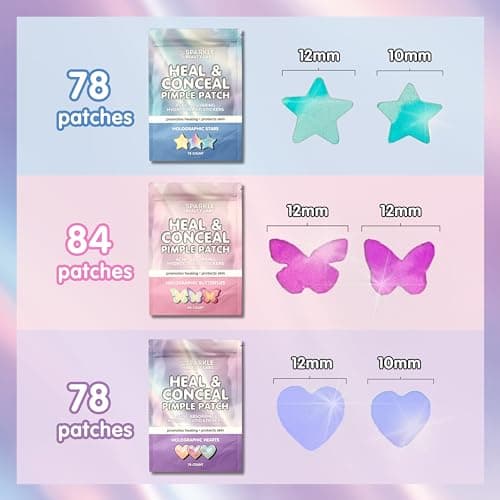Sparkle Beauty Labs Heal & Conceal Pimple Patch - Cute Holographic Heart Shaped Acne Patches, Fun Hydrocolloid Zit Stickers for Face (Iridescent Hearts, 78 Count) - Thumbnail 3