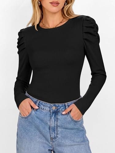 ANRABESS Womens Puff Long Sleeve Shirts, Comfy Stretchy Ribbed Knit Fitted Tops, Trendy Fall Winter Tee for Work & Casual Black Small - Thumbnail 2