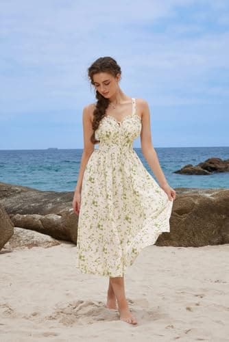 Summer Dress for Women 2026 Floral Milkmaid Sundress Midi Corset Dress Beige Green Floral L - Thumbnail 3