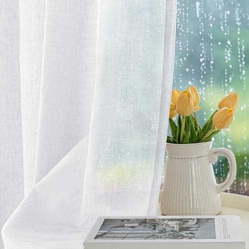 HolidayIdeas 4 Panels Sheer Outdoor Curtains for Patio Waterproof-Linen Semi Voile White Curtains Sun Filtering Privacy Outside Extra Wide Curtains for Gazebo, Front Porch, Pergola 110x108 Inch White - Thumbnail 2