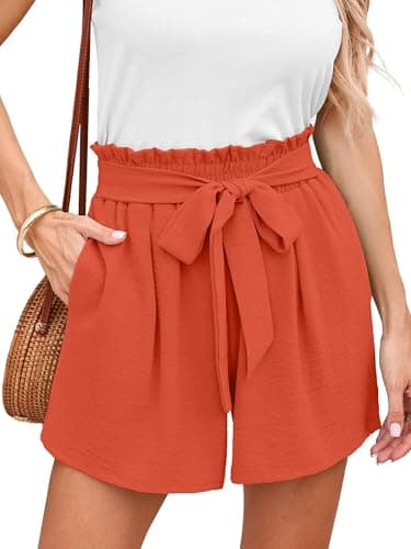 DEARCASE Summer Shorts for Women Orange Red Large Beach High Waisted Adjustable Lightweight Tie Knot Drawstring Stretchy Lounge Casual Wide Leg Office Boho Cute Short Pants with Pockets - Image 1