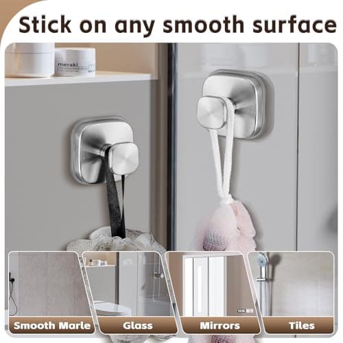 Supopular Heavy Duty Reusable Suction Cup Hooks for Kitchen/Bathroom/Shower - Wet-Proof Hooks for Towels, Robes, Loofah&Wreaths/No Drill Mounting on Glass, Tile, Metal (2, Brushed Nickel) - Thumbnail 3