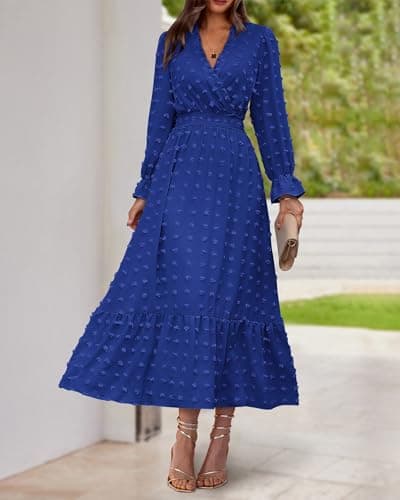 BTFBM Women Fall Maxi Dresses 2025 Long Sleeve V Neck Swiss Dots High Waisted A-Line Ruffle Boho Long Dress Vacation(Royal Blue,Medium) - Thumbnail 2