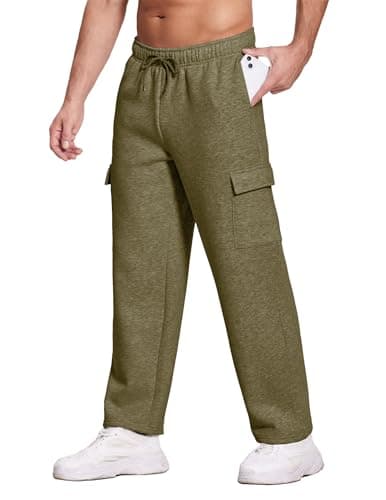 Deyeek Men's Jogger Sweatpants Open Bottom Cargo Sweatpants for Men Baggy Fleece Lined Sweat Pants Thick Cotton Lounge Sweats Olive Green - Thumbnail 5