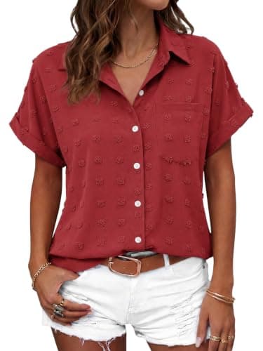 Tankaneo Womens Button Down Shirts Short Sleeve Summer Casual Blouses V Neck Swiss Dot Collared Shirt Tops - Image 1