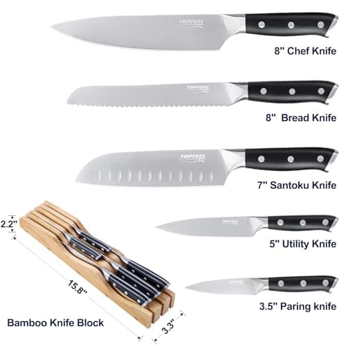 Topfeel 6Pcs Kitchen Knife Set with In-Drawer Bamboo Knife Organizer- 3.5-8 Inch Set Kitchen Knives German High Carbon Stainless Steel Sharp Knife, Knives Set for Kitchen with Ergonomic Handle - Thumbnail 5