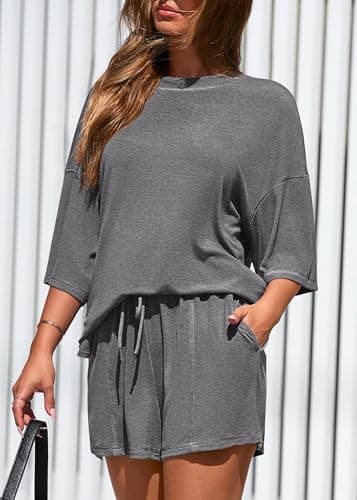 KIRUNDO 2 Piece Sets for Women Summer Lounge Sets Casual Oversized Tshirts Shorts Matching Airport Travel Outfits Postpartum(Dark Grey, X-Large) - Thumbnail 5