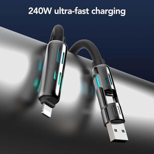 4in1 Multi USB Charging Cable 2 Pack– 240W Max Fast RGB Charger Cord with Multiple Connectors for iPhone 16/15/14/13, iPad, Samsung, MacBook, Tablets & More (Black, 3.3Ft) (2) - Thumbnail 5