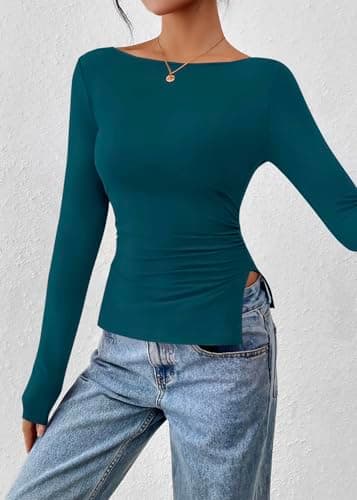 KIRUNDO Long Sleeve Going Out Tops for Women 2026 Spring Casual Boat Neck Workout Shirts Fall Fitted Side Slit Basic Tees(Lake Blue, X-Large) - Thumbnail 6
