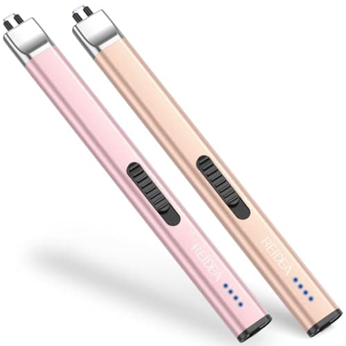 REIDEA Lighters 2 Pack R1 Flat Electronic Candle Lighter, Windproof Flameless USB Rechargeable Arc Lighter with Safe Button and Power Indicator for Candle, BBQ and Fireworks, Champagne and Rose - Image 1