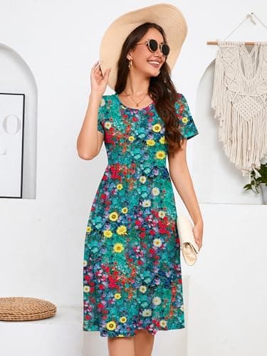 DEARCASE Summer Midi Dresses for Women Floral Rapeseed Petals Medium Short Sleeves A line Casual Wedding Guest Flowy Swing Cocktail Party Holiday Spring Travel Long Dress with Pockets - Thumbnail 6