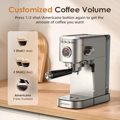 Spacekey Espresso Machine with Milk Frother, 20 Bar Compact Expresso Coffee Machines for Home, Stainless Steel Espresso Maker with 39oz Removable Water Tank for Cappuccino Latte, Fast Heating, Silver - Thumbnail 5