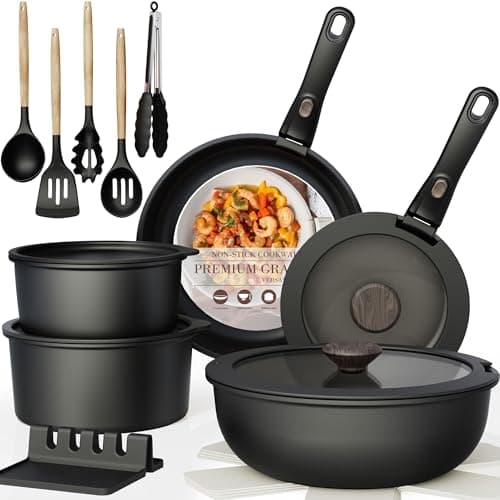 Astercook Non Stick RV Pots and Pans Ceramic Kitchen Cookware Set with Detachable/Removable Handle, Oven Safe, Induction Ready, Stackable, Black, 21 pcs - Image 1