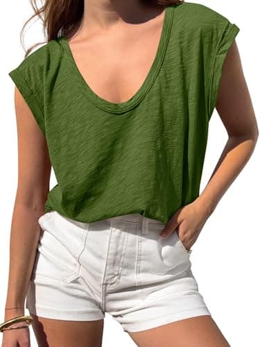 BTFBM Womens Tops Going Out Casual Oversized Summer Basic Tees 2026 V Neck T Shirts Trendy Blouse(Green,Small) - Image 1