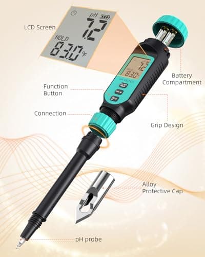 Tadeto Soil pH Tester, High Accuracy Digital pH Meter for Soil, Garden, Water, Plants, Solution and Food, Soil pH Test Kit with Thermometer LCD Display, Calibration Powder and Alloy Protective Cap - Thumbnail 3