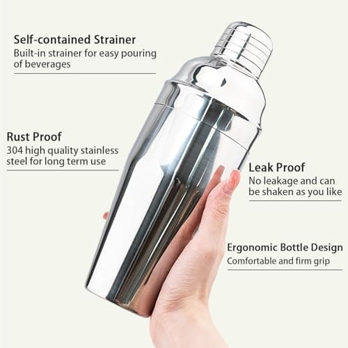Cocktail Shaker, 24 oz Martini Shaker, Drink Shaker Built-in Strainer, Professional Drink Mixer Set for Beginners, Silver - Thumbnail 3