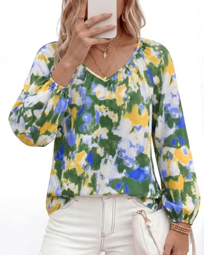 Zenlonr Women's Summer Tops Dressy Casual 2026 V Neck Satin Silk Printed Shirts Boho Long Sleeve Work Blouses(Floral Laurel Green,XX-Large) - Thumbnail 5