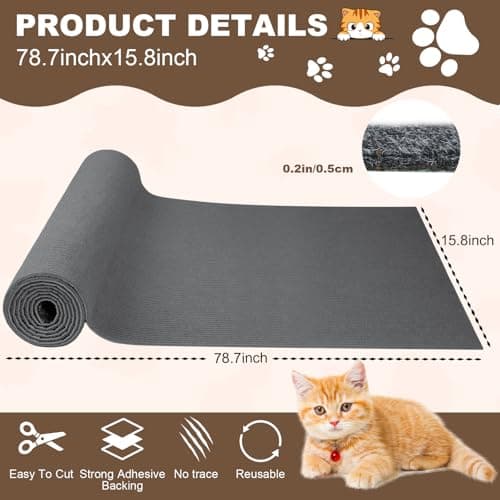 Cat Scratch Furniture Protector, 78.7"x15.8" Cat Scratching Mat, Trimmable Self-Adhesive Cats Claws Scratch Pads, DIY Carpet Mat Replacement for Cats Tree, Cats Wall Shelves, Dark Grey - Thumbnail 2