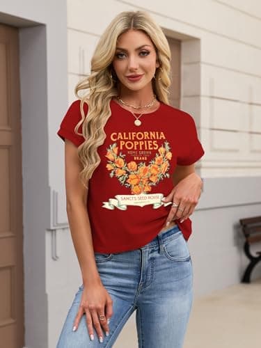 TAKEYAL Womens Graphic T Shirts Red Vintage California Poppies Flower Tshirt for Teens Large A Red - Thumbnail 2