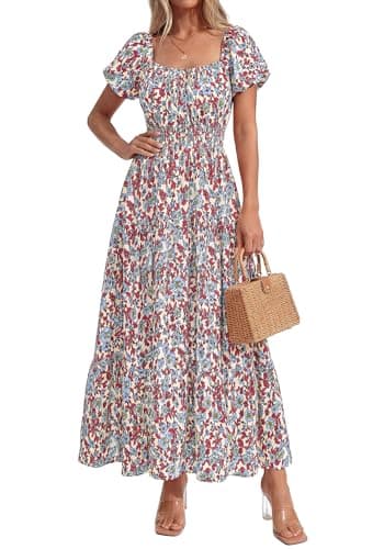 BTFBM Summer Dress for Women 2026 Spring Floral Short Sleeve Casual Flowy A-Line Smocked Tiered Maxi Dresses Pockets(Floral Beige Multicolor, Medium) - Thumbnail 2