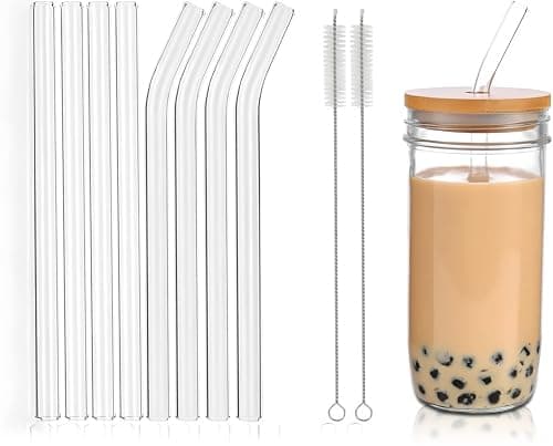 12 Pack Reusable Glass Straws, 7 inches x 8 millimeters, with 5 Straight Heads, 5 Curved Straws, and 2 Straw Cleaner Brushes. High borosilicate Glass Straws Set Great for juice, coffee, and cocktail - Thumbnail 6