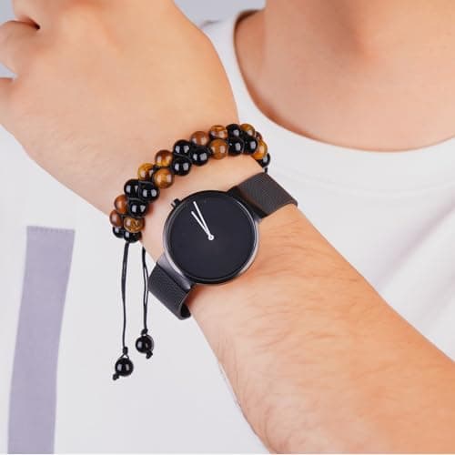 PAKUNDAS Handmade Double Protection Beaded Bracelet for Men Women 8mm Natural Tiger Eye Hematite Stone Adjustable Stretch Crystal Healing Jewelry - Thumbnail 2