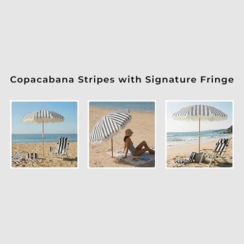 DEER LAND 6FT Stripe Fringe Beach Umbrella for Sand with Sand Anchor, UPF 50+ Sun Shade with Tassels, Adjustable Tilt Pole, Portable Coastal Umbrella for Beach & Pool, Heritage Black Stripe - Thumbnail 5