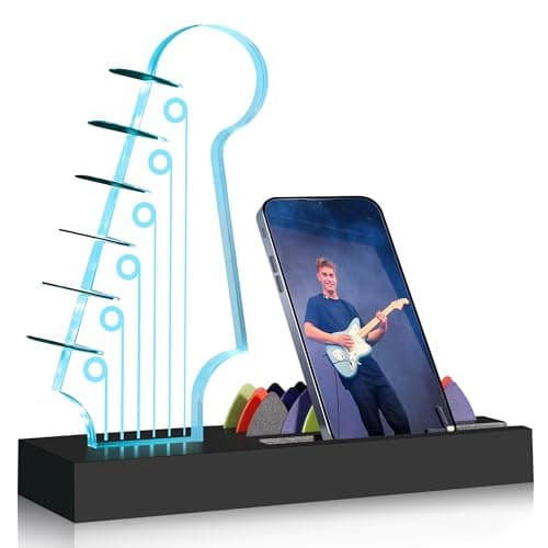 Light Up Guitar Pick Holder—Electric Guitar Headstock Design with 7-Color Changing Lights,Gifts for Music Lovers,Guitar Pick Display and Storage With Wooden Base&Phone Stand,Guitar Accessories.
