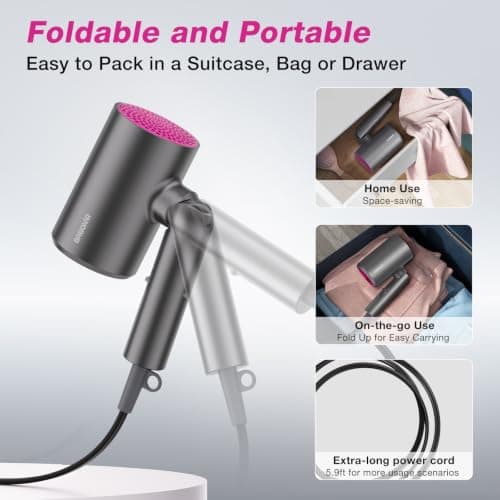 BABONIR Hair Dryer with Diffuser for Women, 1875W Fast Drying Ionic Blow Dryer for Home Use, Lightweight Foldable Hairdryer with Concentrator Nozzle, 3 Heat 2 Speed Settings, Gray - Thumbnail 3