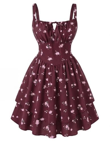 Scarlet Darkness Floral Mini Corset Dress for Women Teen 2026 Summer Spring Flowy A-Line Sundress with Pockets Wine Pink Bloom L - Image 1