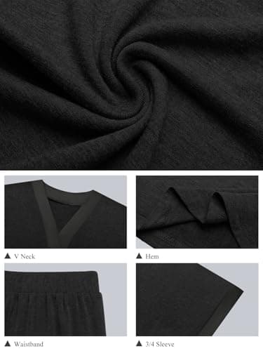 GKBK Womens Two Piece Outfits Pajama Sets 3/4 Dolman Sleeve V Neck Sleepwear Nightwear Loungewear Matching Pjs 2 Piece Lounge Set Lightweight Loose Sweatsuit Fall Fashion Ooutfit Black S - Thumbnail 4