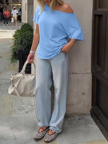 REORIA Women's Off The Shoulder Oversized T Shirts Short Sleeve 2026 Summer Basic Tees for Going Out Loose Fit Casual Daily Wear Light Blue X-Large - Thumbnail 3