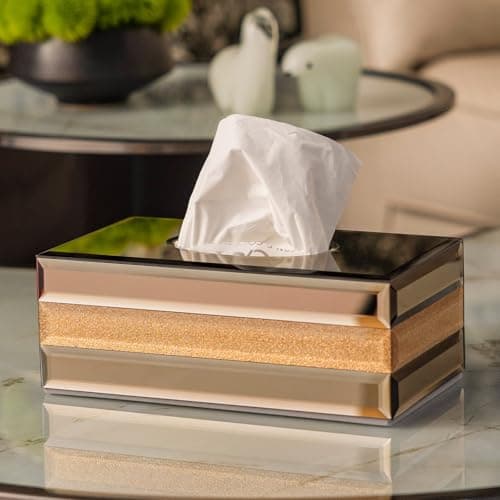 Timetrace Glass Tissue Box Cover Rectangle-Gold and Silver Mirrored Glass Decorative Tissue Holder with Velvet Lining for Home Decor, Living Room, Bedroom, Kitchen, Office & Christmas/New Year Gifts - Image 1