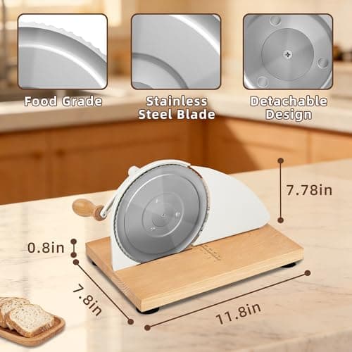 Manual Bread Slicer for Homemade Sourdough Bread, Adjustable Thickness Bread Cutter with Hand Crank, Slicing Guide, Scale Line, Stainless Steel Blade & Suction Cups, for Perfect Even Slices (Cream) - Thumbnail 4