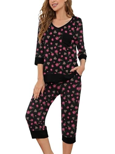 KORSIS Pajamas Set Womens 2 Piece PJS Soft Sleepwear 3/4 Sleeve V-Neck Top and Waisted Adjustable Capri Pants with Pocket - Image 1