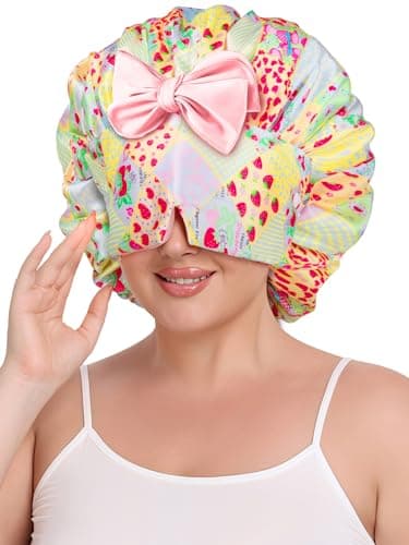 Vettres Double Layer Satin Bonnet for Sleeping with Detachable Eye Mask Adjustable Night Cap for Curly, Natural, Braided Hair Reduces Frizz & Locks in Moisture Yellow Strawberry