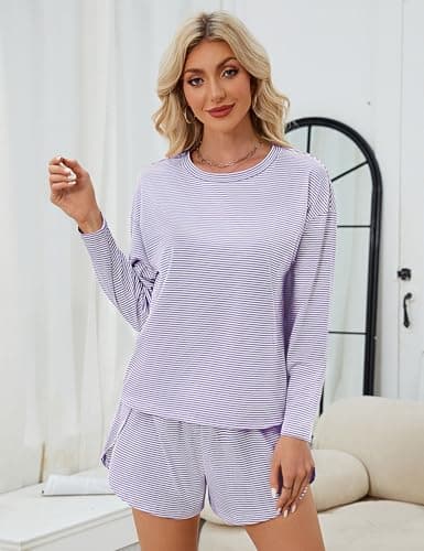 JUSTFASHIONNOW Womens Short Pajamas Set 2 Piece Lounge Set Women Stripe Print Short Sleeve Split Shorts Sets Casual Fall Shorts Sets Comfy Loungewear Outfits (Purple, XX-Large) - Thumbnail 4