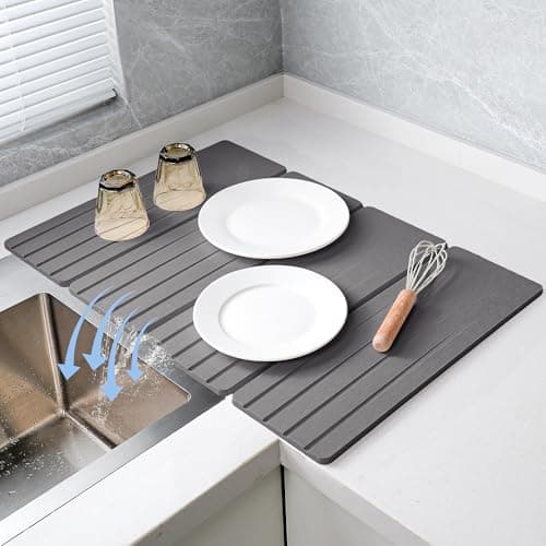 Extral Large Quick Dry Stone Drying Mat for Kitchen Counter,28x16 Inch Collapsible Eco-Friendly Absorbent Diatomaceous Earth Mat for Dishes Cups (Deep Gray-Upgraded Version, 16x12 inch) - Image 1