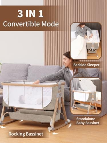 Jestonten Baby Bassinet, Bassinet Bedside Sleeper with Waterproof Bassinet Sheets and Soft Mattress, Safe Adjustable Height Bedside Bassinets with Wheels, Girl/Boy Bassinets, Khaki - Thumbnail 3