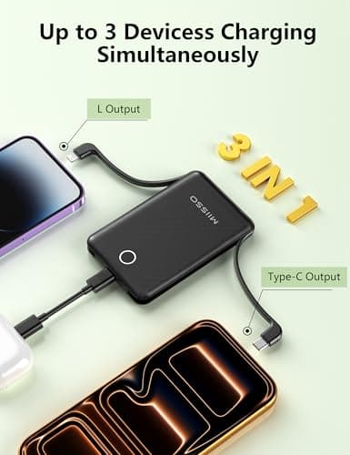 10000mAh Mini Portable Charger with Built in Cable, Pocket Size Power Bank Travel External Battery Pack for Phone, 3 Output USB Type C Cord Clutch Compatible with iPhone, Samsung, 2 Pack Black & White - Thumbnail 5