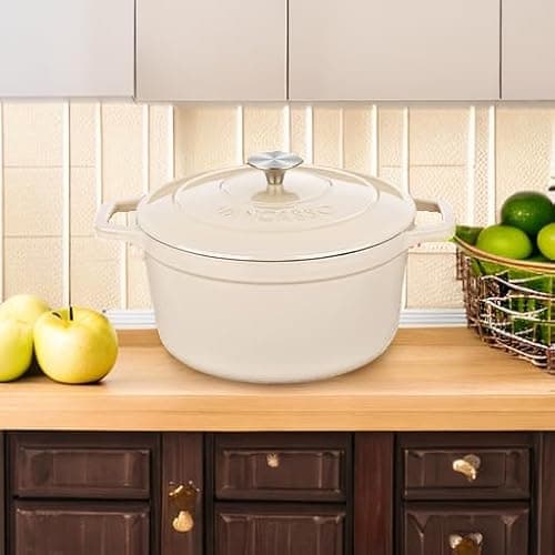 vancasso Cast Iron Dutch Oven, 6 QT Round Pot with Lid and Dual Handles, Non Stick Enamel Coating for Bread Baking, White - Thumbnail 5