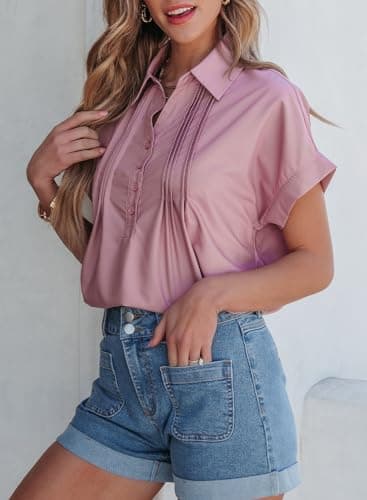 Dokotoo Plus Size Tops for Women Dressy Casual Chiffon Blouse Short Sleeve Shirts for Women Collared V Neck Work Office Button Down Shirt Solid Color Loose Fit T-Shirts Pink Polo Shirts XX-Large - Thumbnail 5