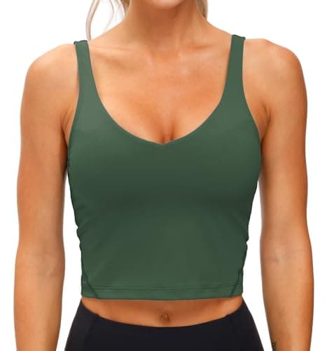 Women’s Longline Sports Bra Wirefree Padded Medium Support Yoga Bras Gym Running Workout Tank Tops Deep Green - Image 1