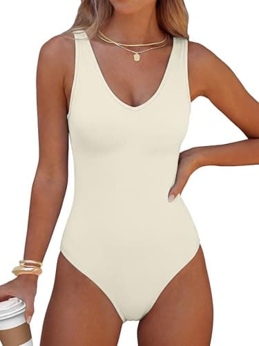 ANRABESS Women’s V Neck Bodysuits Summer Sleeveless Going Out Basic Tank Body Suits Tops 2026 Trendy Vacation Outfits Beige X-Large - Image 1