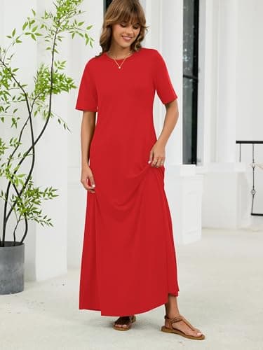 KORSIS Causal Red 2XL Dresses for Women Short Sleeve Summer Red S Long T-Shirt Dress Loose Beach Vacation Sundress with Pockets - Thumbnail 2
