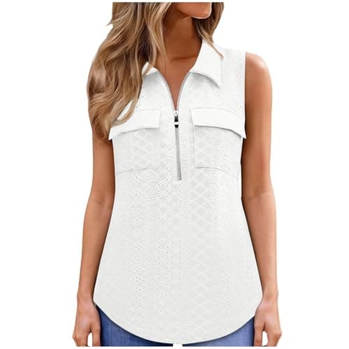 Womens Tank Tops Loose Fit, V Neck Collared Quarter Zip Women's Sleeveless Blouses with Pockets, Business Casual Breathable 2026 Summer Beach Vacatoin Clothes for Women - Image 1