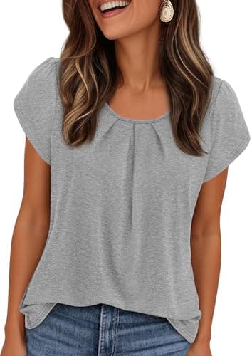 PRETTYGARDEN Womens Tops Dressy Casual Summer 2026 Short Sleeve Blouses Crew Neck Pleated Basic T Shirts Spring Clothes (Grey,Large) - Image 1