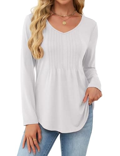 JUSTFASHIONNOW Women Long Sleeve Tops Winter Shirts Loose Fit Pleated Outfits V Neck Fashion Casual Blouses Ladies Curved Hem Teacher Business Tunics (White, Small) - Image 1