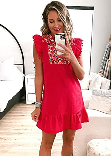 KIRUNDO Women's 2026 Summer Mini Dress Spring Casual V Neck Floral Embroidered Ruffle Sleeveless Shift Flowy Boho Dress (B-Red, Small) - Thumbnail 6